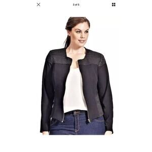 CJ Banks Stretchy Black Moto Jacket Faux Leather Patches Size 1X